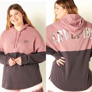 Victoria's Secret Pink Varsity Colorblock Pullover Hoodie Pink/Grey SZ M